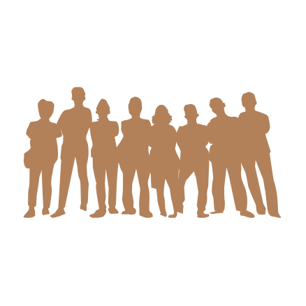 Braune Silhouetten einer vielfältigen Gruppe von neun Menschen vor schwarzem Hintergrund