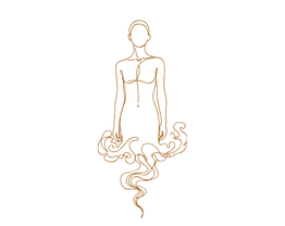 Orangefarbene lineare Darstellung einer meditierenden menschlichen Figur mit verschlungenen Ornamenten und einer nach unten verlaufenden Spirale