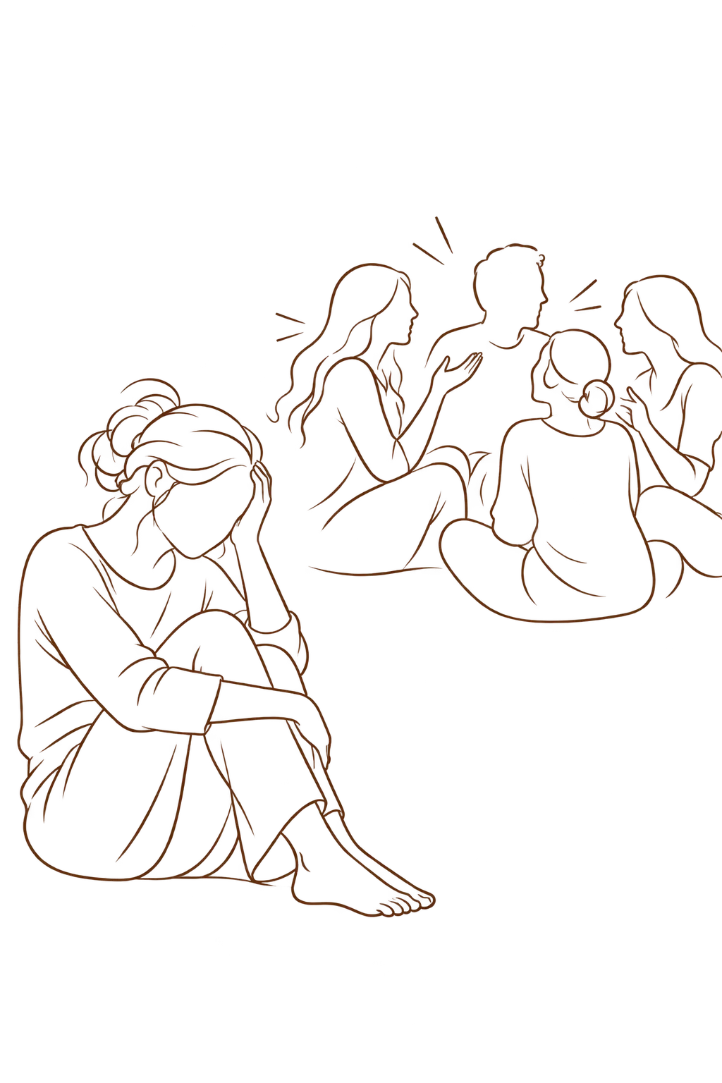 Illustration einer Gruppe von Menschen im Gespräch, darunter eine stillende Mutter mit Baby und eine sitzende Person im Vordergrund