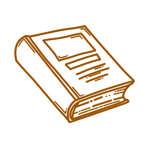 Stilisierte braune Illustration eines aufgeschlagenen Buches mit rechteckigem Bildausschnitt und Textzeilen.