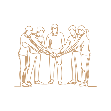 Illustration einer Gruppe von fünf Menschen, die sich in der Mitte die Hände reichen