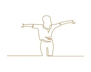 Minimalistische Linienzeichnung einer tanzenden oder sich streckenden Person mit ausgebreiteten Armen.