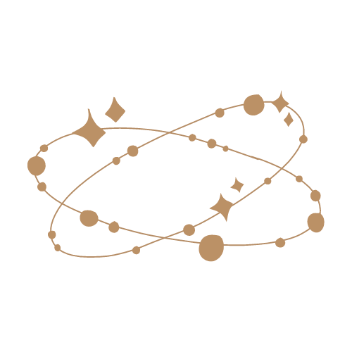 Eine Illustration eines Himmelskörpersystems mit Planeten und Sternen in Goldfarben auf dunkelblauem Hintergrund.