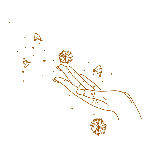 Eine gezeichnete Hand, die magische Partikel, Blüten und Schmetterlinge freisetzt.