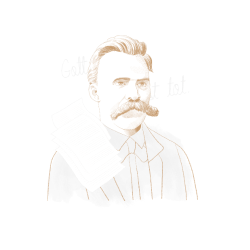 Illustration eines Mannes mit Schnurrbart und Zopf, trägt einen Anzug, mit einem Stapel Papieren auf der Schulter, im Hintergrund deutsche Schrift