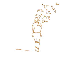 Stilisierte orangefarbene Illustration einer stehenden Person mit erhobenen Händen und fliegenden Vögeln auf schwarzem Hintergrund.