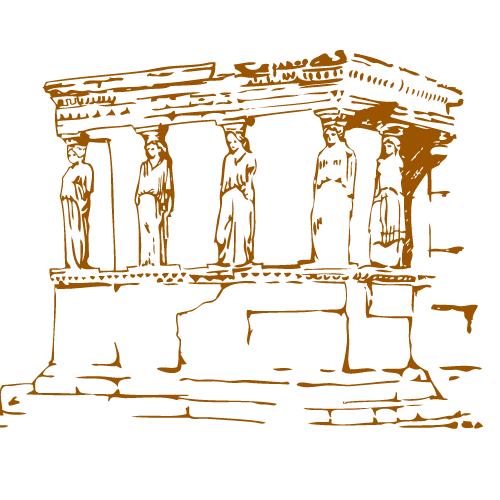 Goldene Linienzeichnung eines antiken griechischen Tempels mit Säulen und Karyatiden.