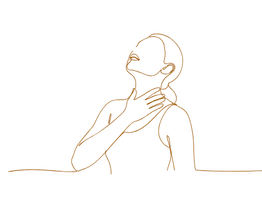 Orangefarbene Linienzeichnung einer sitzenden Person im Profil mit angewinkeltem Bein und erhobenem Arm.
