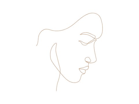 Minimalistische lineare Zeichnung eines menschlichen Seitenprofils mit sichtbarem Auge, Nase, Mund und Ohr.