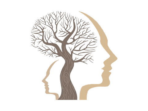 Symbolische Illustration eines menschlichen Kopfprofils mit einem Baum als Gehirn und einer kleineren Personensilhouette