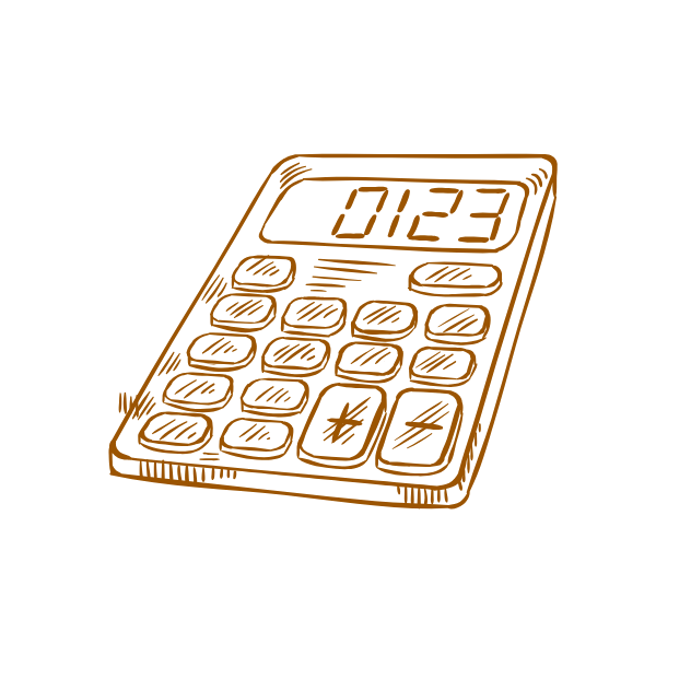 Stilisierte Illustration eines Taschenrechners mit Digitalanzeige und Tasten