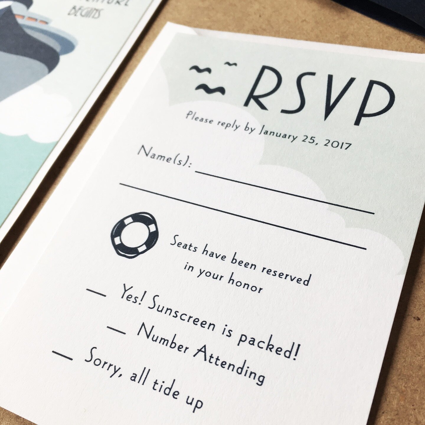 Don't be afraid to get creative with your RSVP, especially if your invitation (and wedding) are a bit more laid back.  Why be stuffy if that's not your vibe? Throw tradition &quot;oveboard&quot;! (see what I did there?)⁠
::⁠
⁠
#weddinginvitations #we