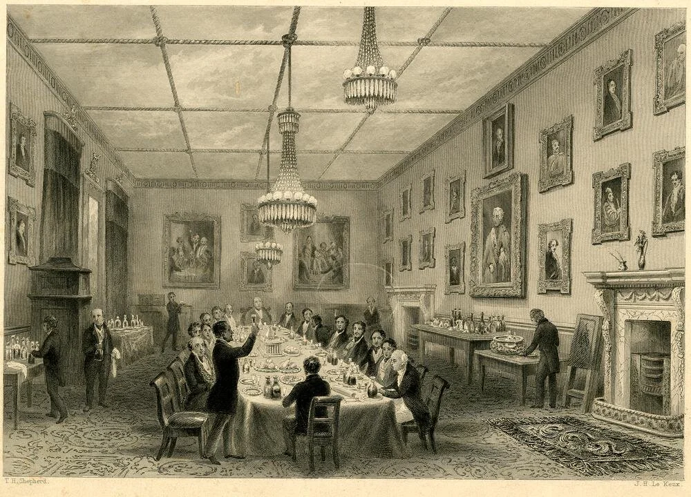   A conference dinner. Possibly**   Thatched House Club. Dinner of the Dilettanti Society, after T.H. Shepherd, 1841X1844  Image here:  https://www.britishmuseum.org/collection/object/P_1880-0911-1199   **[Why yes - this is indeed a shameless reminde