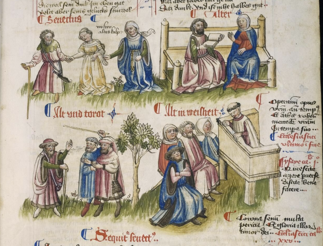   The ages of man, in Johannes Vorster’s adaptation of Hugo von Trimberg,  Der Renner  (ca 1300), C15 ²⁄₄    Heidelberg, Universitätsbibliothek Heidelberg, Cod. Pal. germ. 471, fols 1r, 6r  Images at:  https://digi.ub.uni-heidelberg.de/diglit/cpg471/