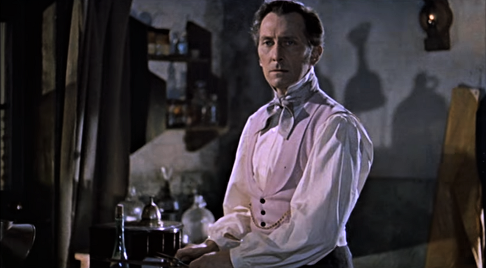  dir. Terence Fisher, The Revenge of Frankenstein, 1958  Image here via:  https://en.wikipedia.org/wiki/Peter_Cushing#/media/File:Revenge_of_Frankenstein_(trailer)_-_Must_I?.png  
