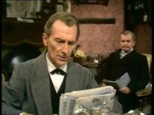  Peter Cushing, Nigel Stock, A Study in Scarlet, 1968  dir, Henri Safran, Sir Arthur Conan Doyle's Sherlock Holmes, BBC  This image:  https://en.wikipedia.org/wiki/File:1968holmes.JPG  
