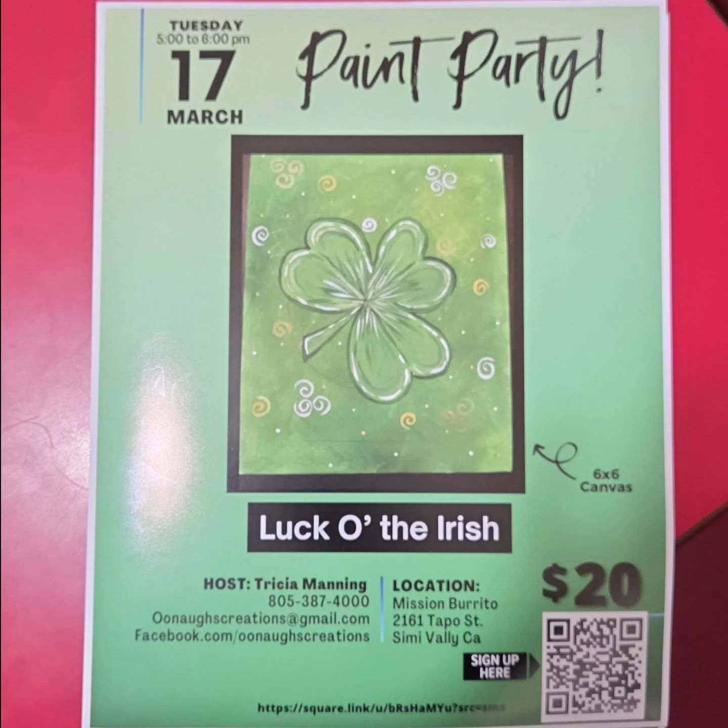 🎨☘️ Paint Party: Luck O&rsquo; the Irish! ☘️🎨

Join us for a fun and creative evening painting this festive shamrock masterpiece! Bring your friends and enjoy a relaxing hour of art, laughs, and good vibes.

🗓 Tuesday, March 17 
⏰ 5:00 PM &ndash; 