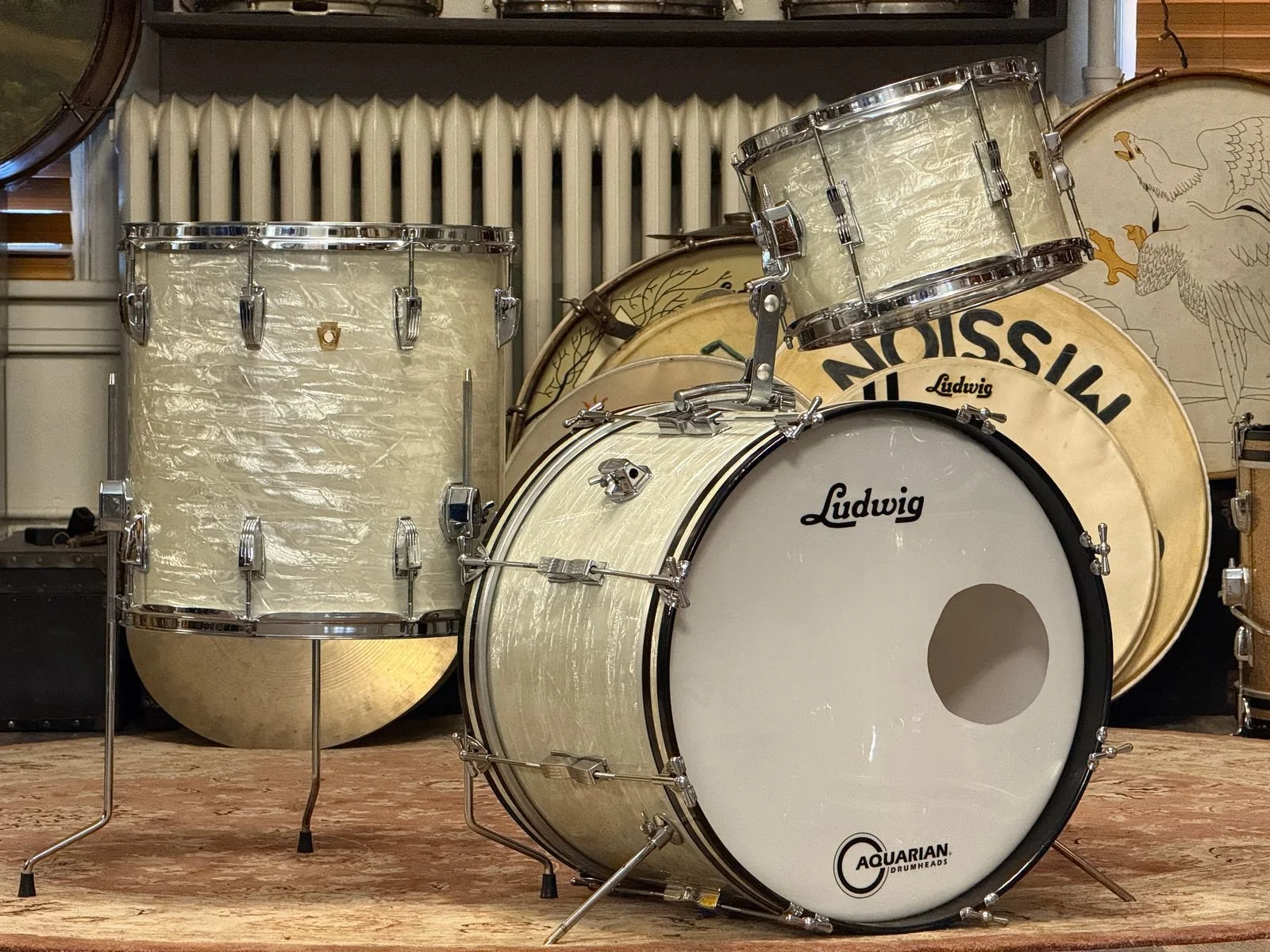 1966 Ludwig White Marine Pearl 14x20 16x16 8x12 Drum Kit