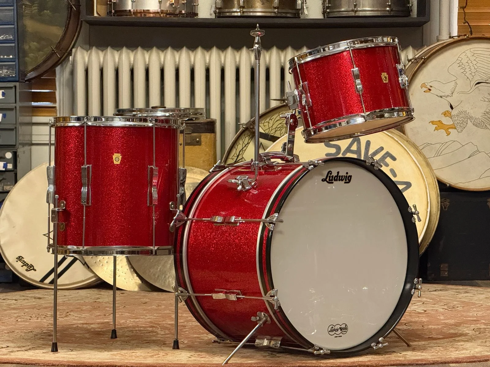 1966 Ludwig Red Sparkle Club Date 14x20 14x14 8x12 Drum Kit