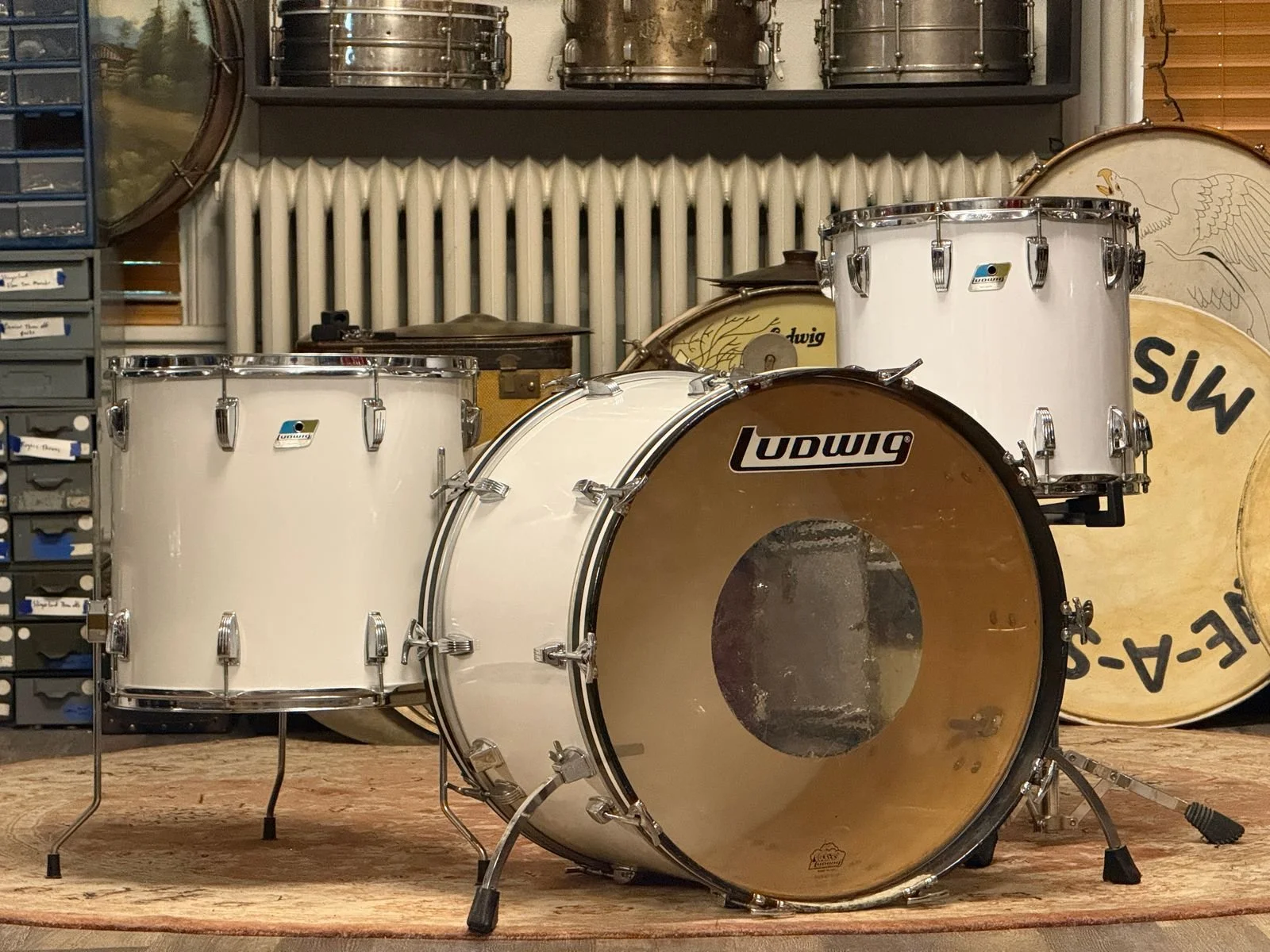 1980's Ludwig Classic Maple 16x24 16x18 14x15 White Cortex Drum Kit