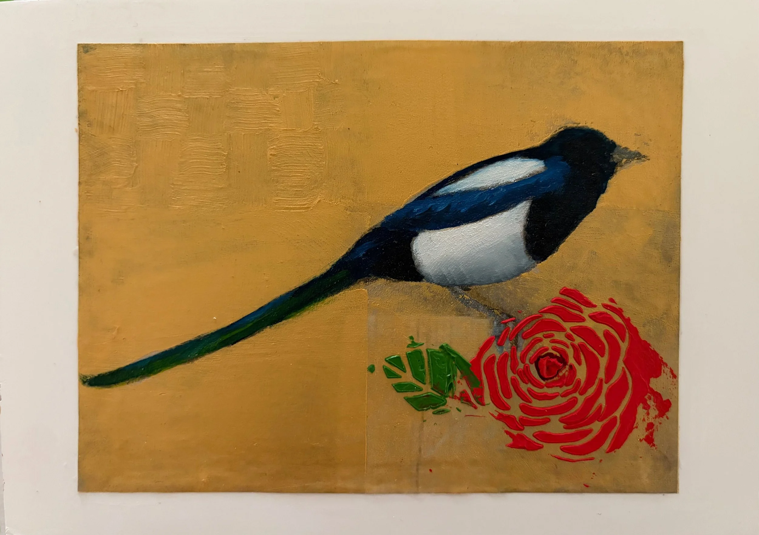 Magpie Rose  5"x7" oil and cold wax on panel 