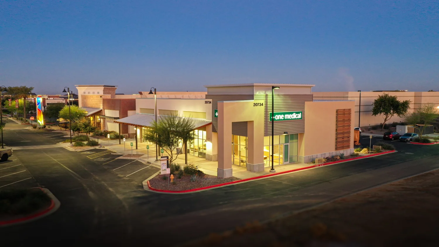 Dusk aerial of the One Medical entrance in Queen Creek