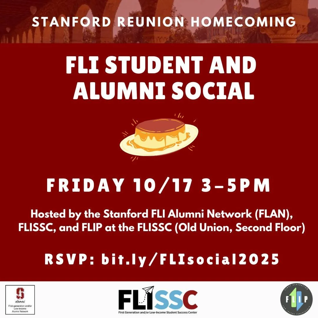 On campus for Reunion? Stop by and meet current FLI students at our FLI Student & Alumni Social on Friday 10/17! 
This casual event is co-hosted with FLIP (First-gen and/or Low-income Partnership), the FLI student group on campus, and the FLI St