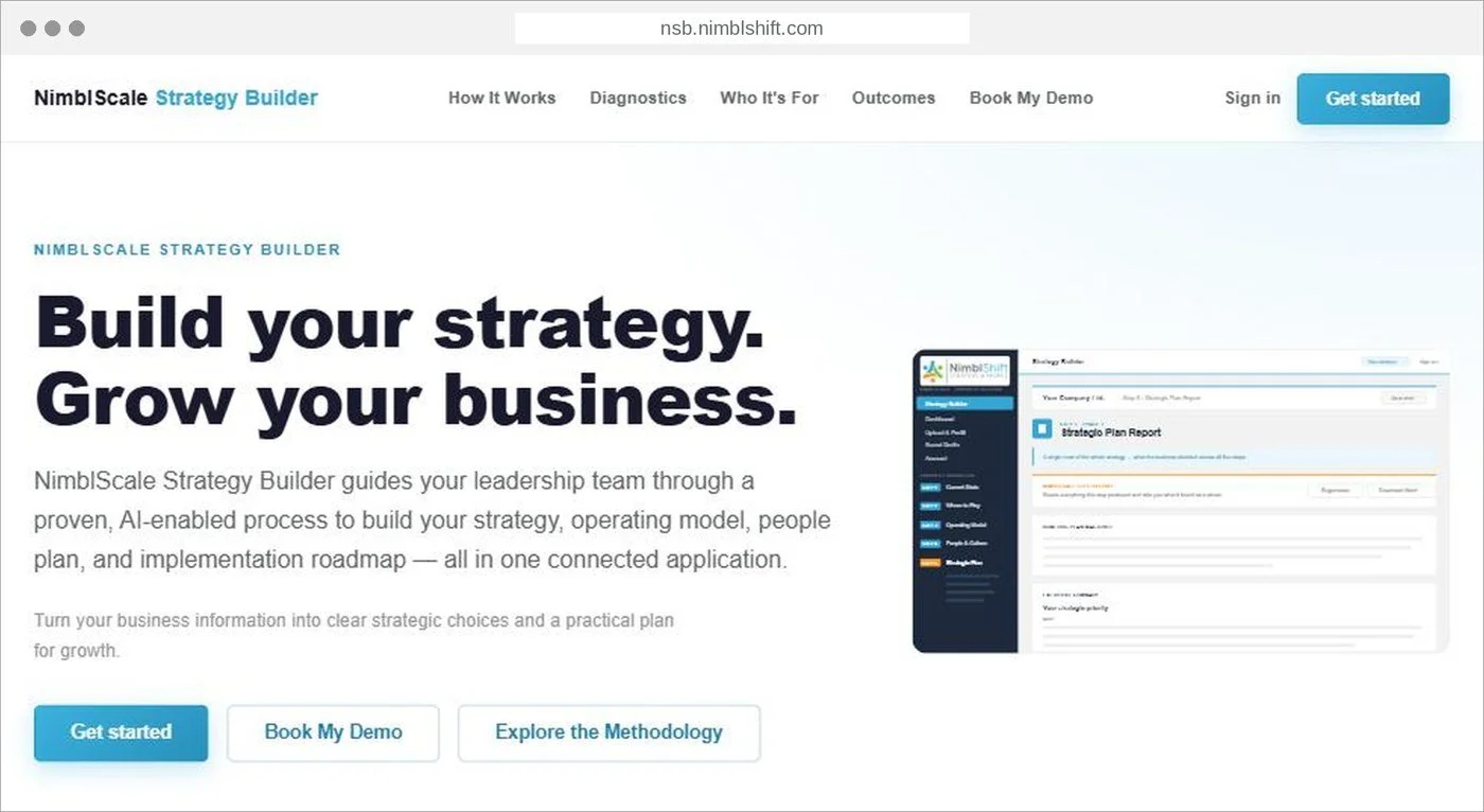 Screenshot of the NimblScale Strategy Builder home screen, with the headline Build your strategy. Grow your business.