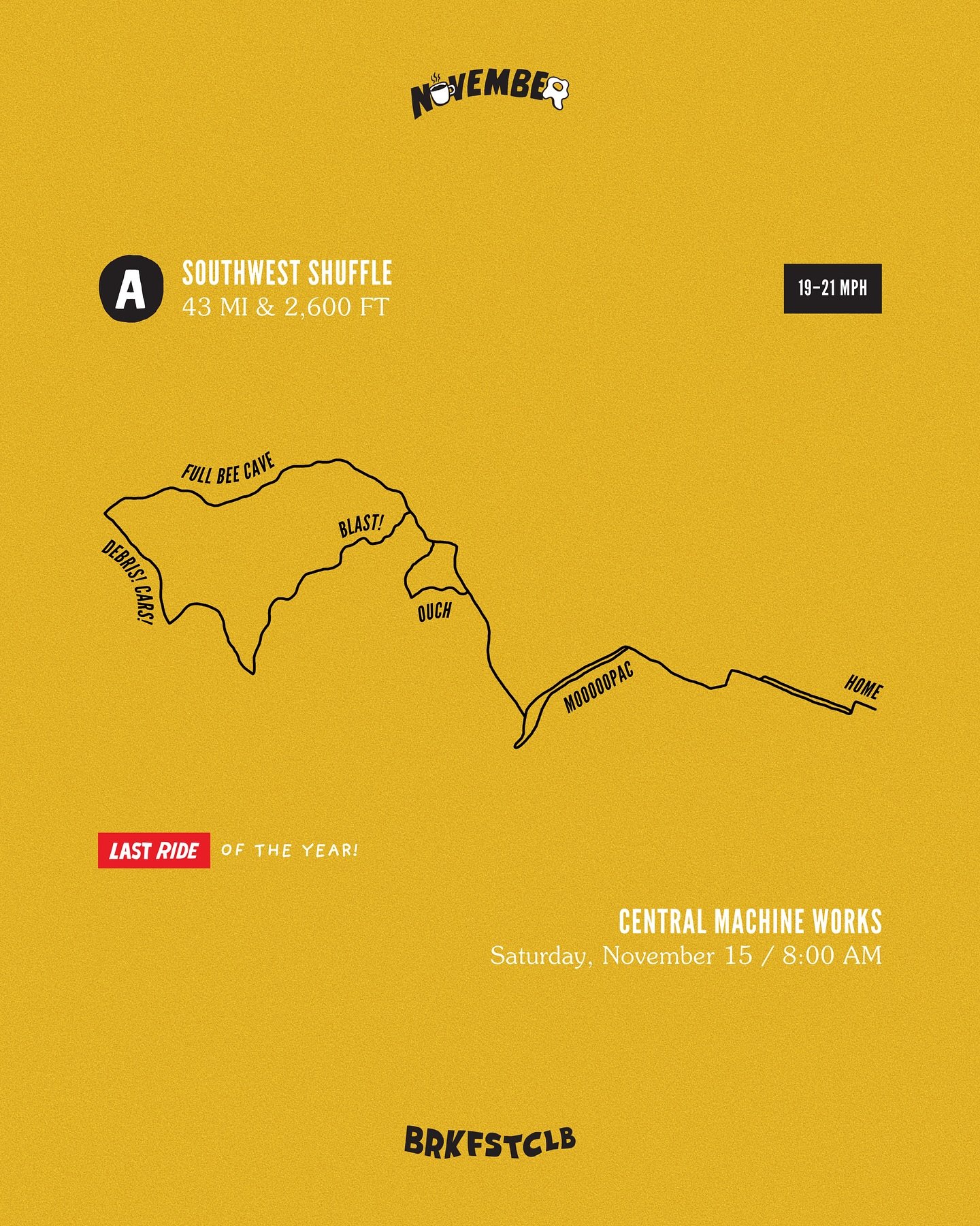 SATURDAY / 8:00 AM: @central.machine.works for our last dance of the year, a SOUTHWEST SHUFFLE 🪩

A, B and C Groups head to the hills with escorts. The BC VAN will be waiting at the top o&rsquo; Barton for C Group. D Group bops around the east side.