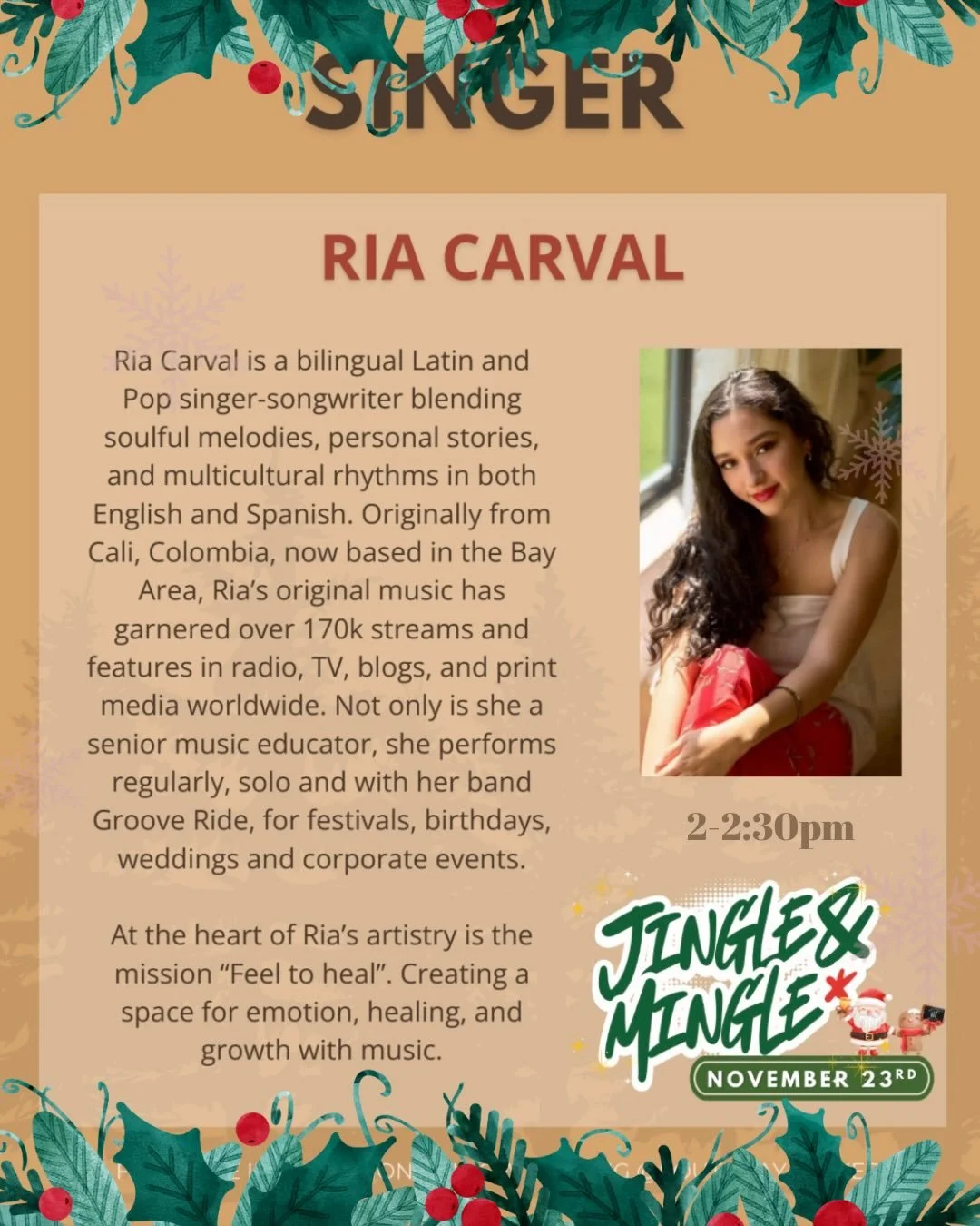 Today Sunday Nov 23rd 2-2:30pm @ Redwood Square, Sunnyvale, CA!🥳🎶🎄

Jolly holiday and original music in both English and Spanish, with the special appearance of @christine.noble.68 and tambourines for children enjoyment!!🪇 Also local vendors, foo