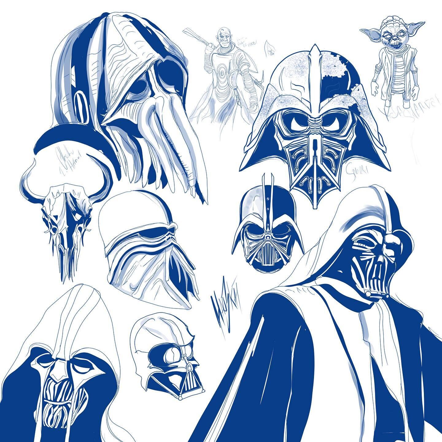 Some @starwars helmet &amp; otherwise concept doodles #conceptart #illustration #ink #clipstudiopaint #starwarsart #vader #macewindu #cthulhu