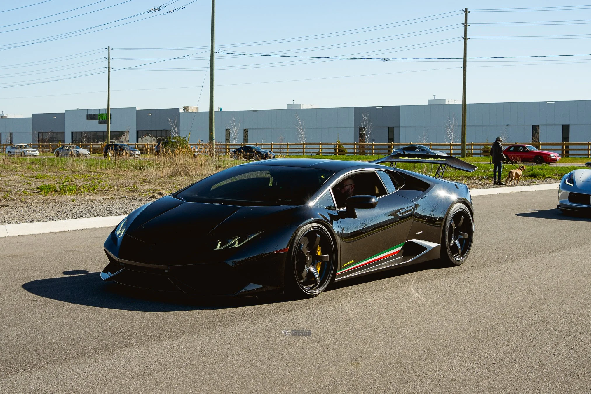 A black sports car with red, white, and green stripes along the bottom, parked on the street. In the background, there are more cars, a person walking a large dog, and industrial buildings with power lines overhead.