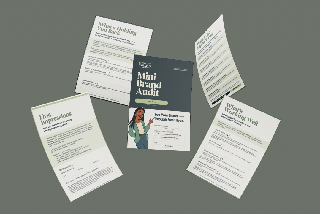 Branded worksheets and laptop showing Constant Creates Free Brand Audit offer