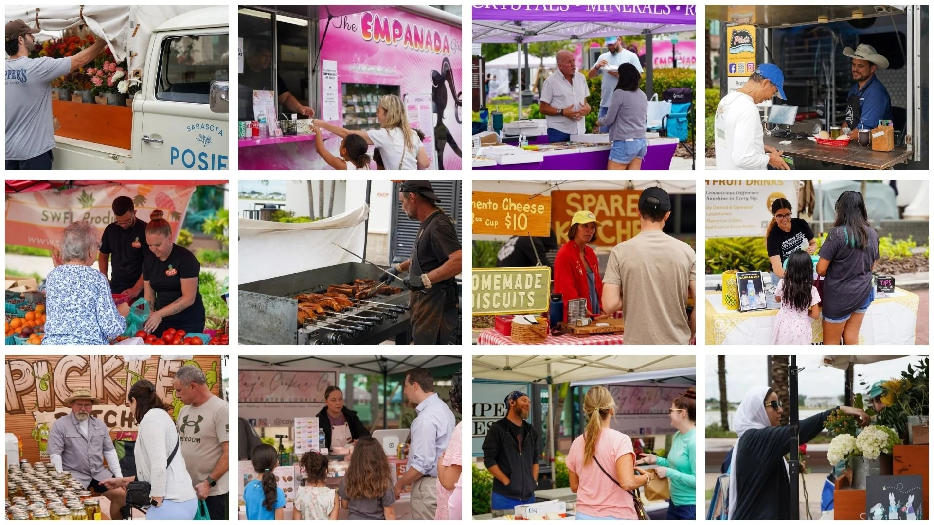Brand photography of a small business team serving customers at a farmers market stall