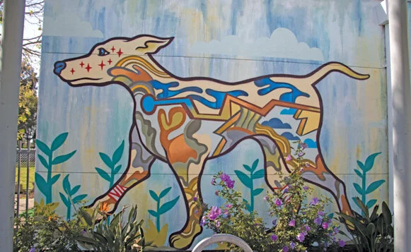 Nancy Mizuno Elliott’s mural, top,&nbsp;features her dog Bug.