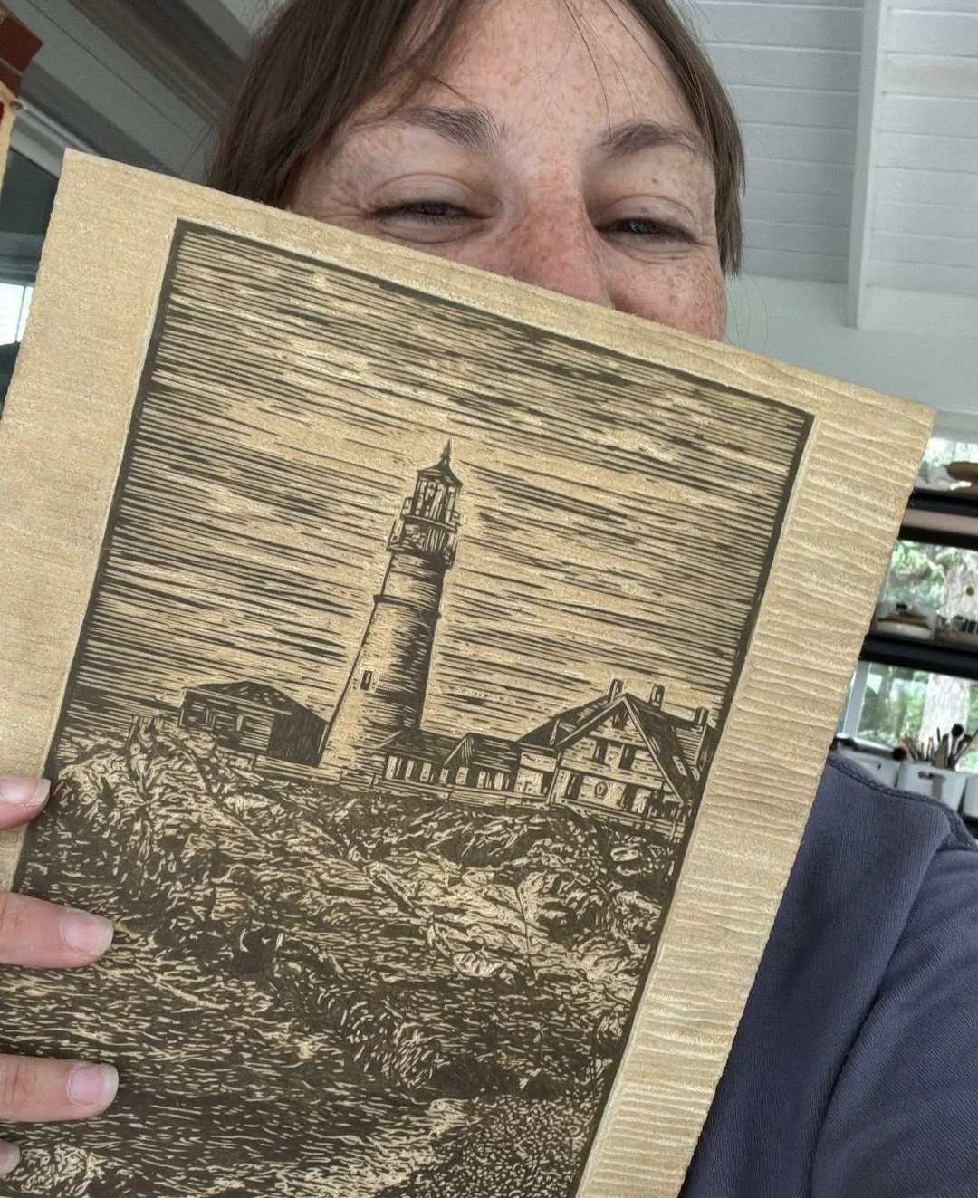 Though it was backwards (🤦🏻&zwj;♀️) I finished my &quot;Portland Head Light&quot; linocut last week &mdash; every line carved slowly, like a meditation.⁠
⁠
That&rsquo;s how I want my work to feel, too.⁠
A reminder that slowing down is its own kind 