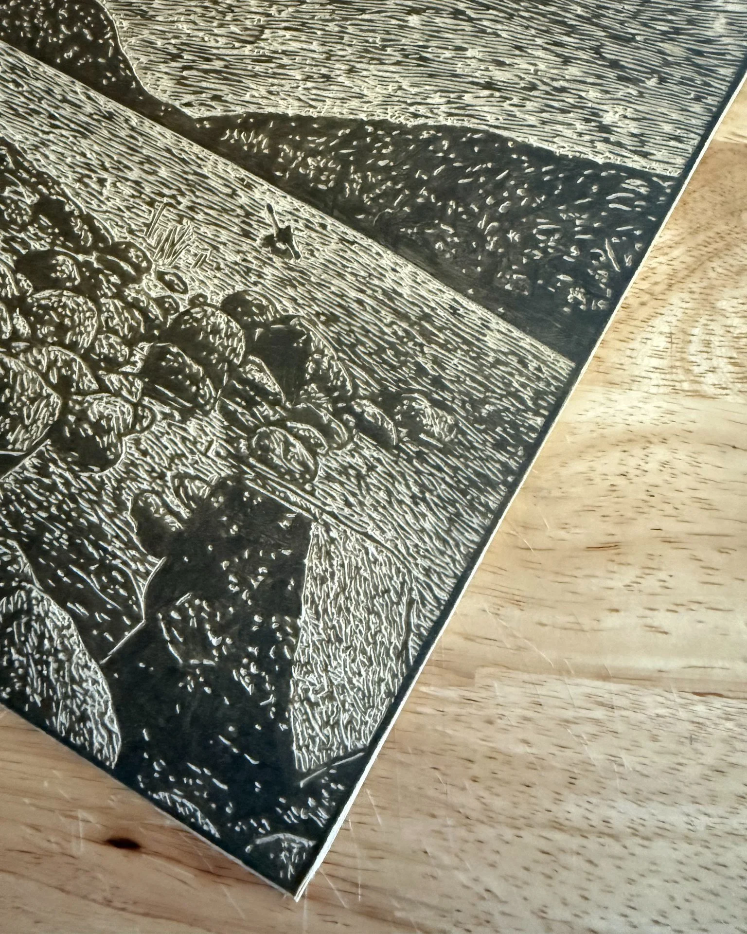 There&rsquo;s something grounding about this part of the process - when the image is still being carved, but the vision is finally becoming real.

Every carved line is a decision, a small act of trust in what&rsquo;s emerging.

This linocut began as 