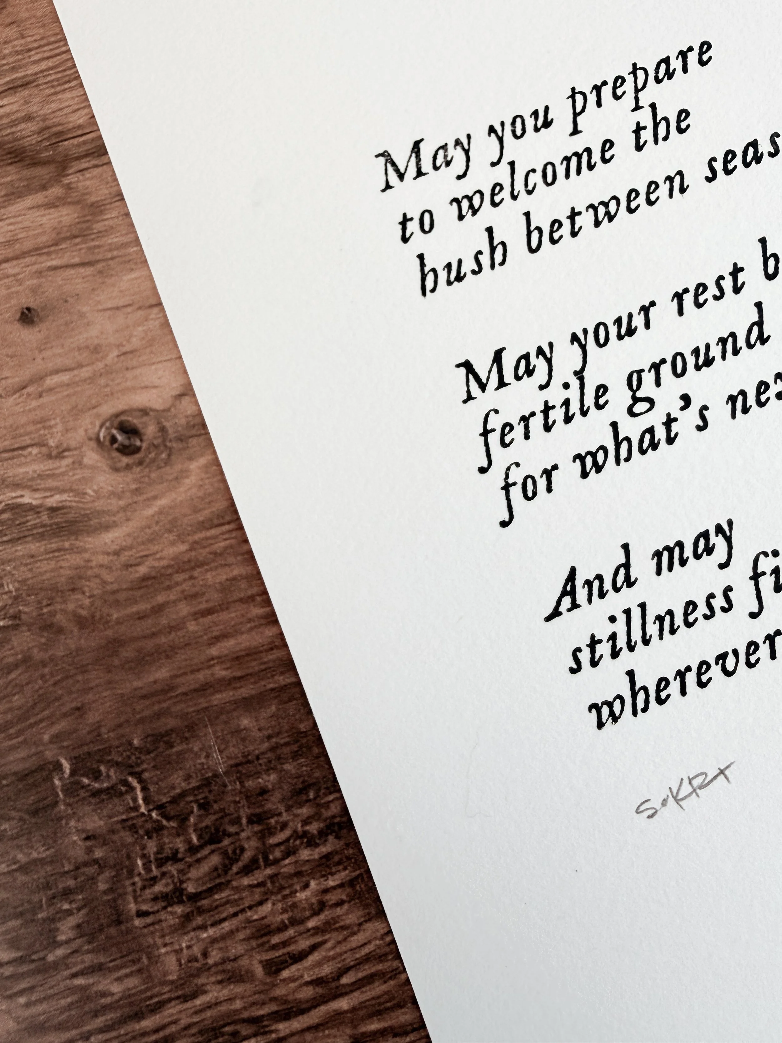 Hand-printed benediction art print on white paper with centered text about peace, quiet, and soul