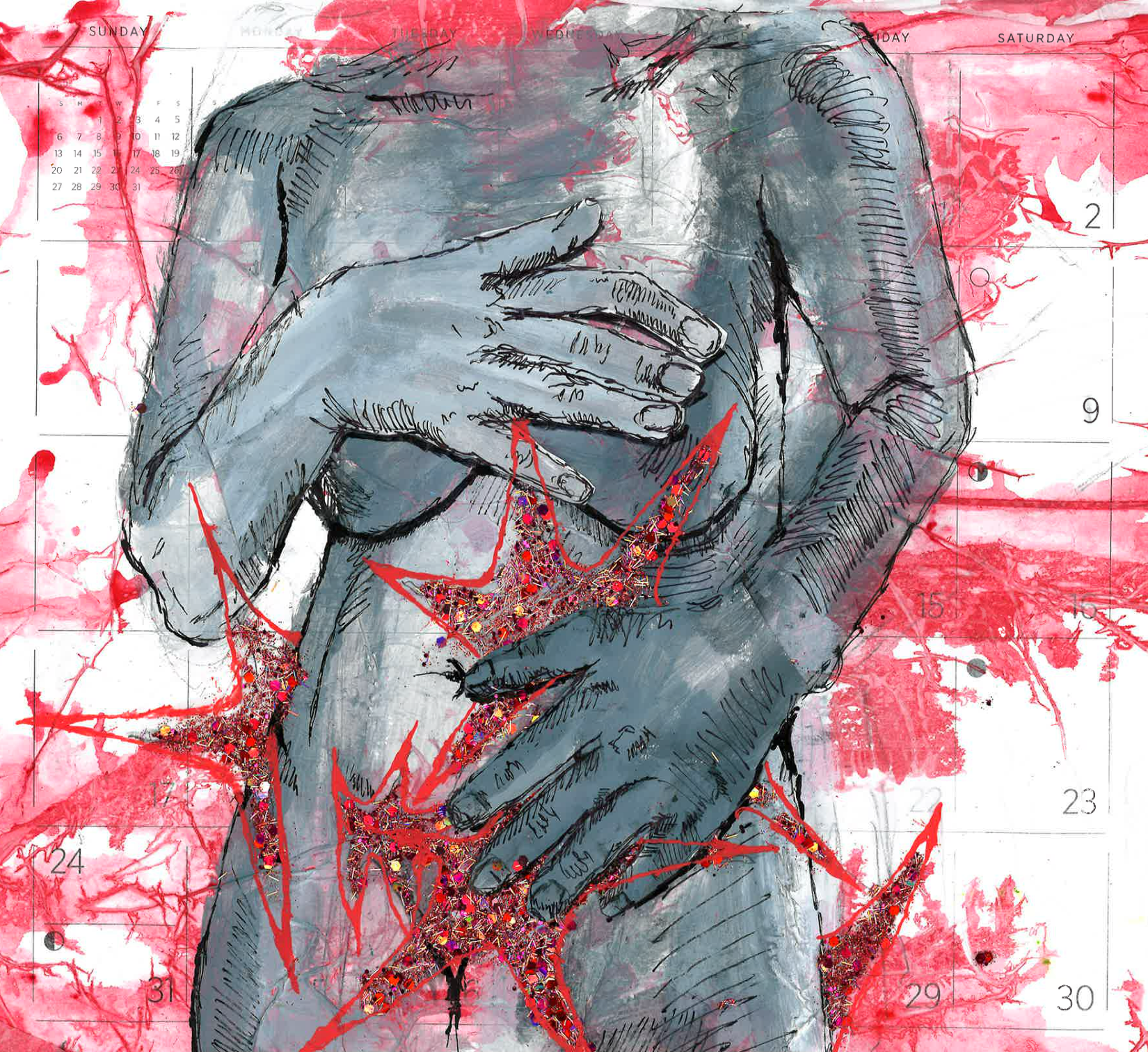 Art by Abigail Schoenecker, “Twisting The Knife: The Open Case Of Menstruation, The Brain, And The Missed Disease Of Endometriosis”