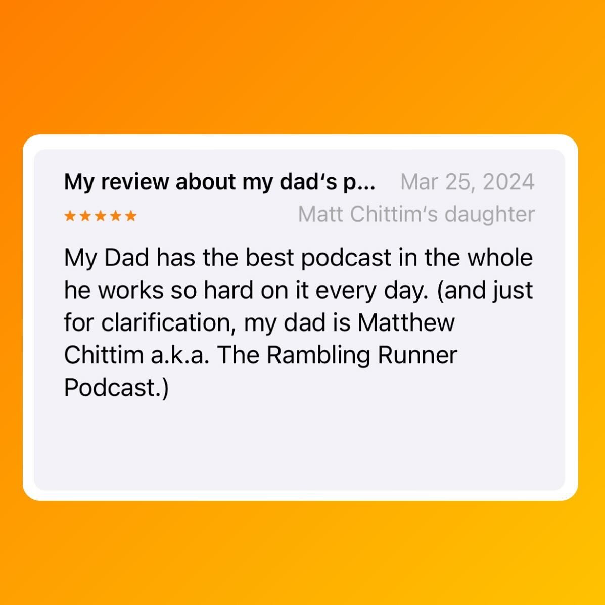 I had no idea that my daughter listens to my show. No idea.

Imagine my surprise when I opened up Apple podcast and saw this! As delighted as I was to see it, I had to ask her if she was just being nice,or if she actually listens What a great day!