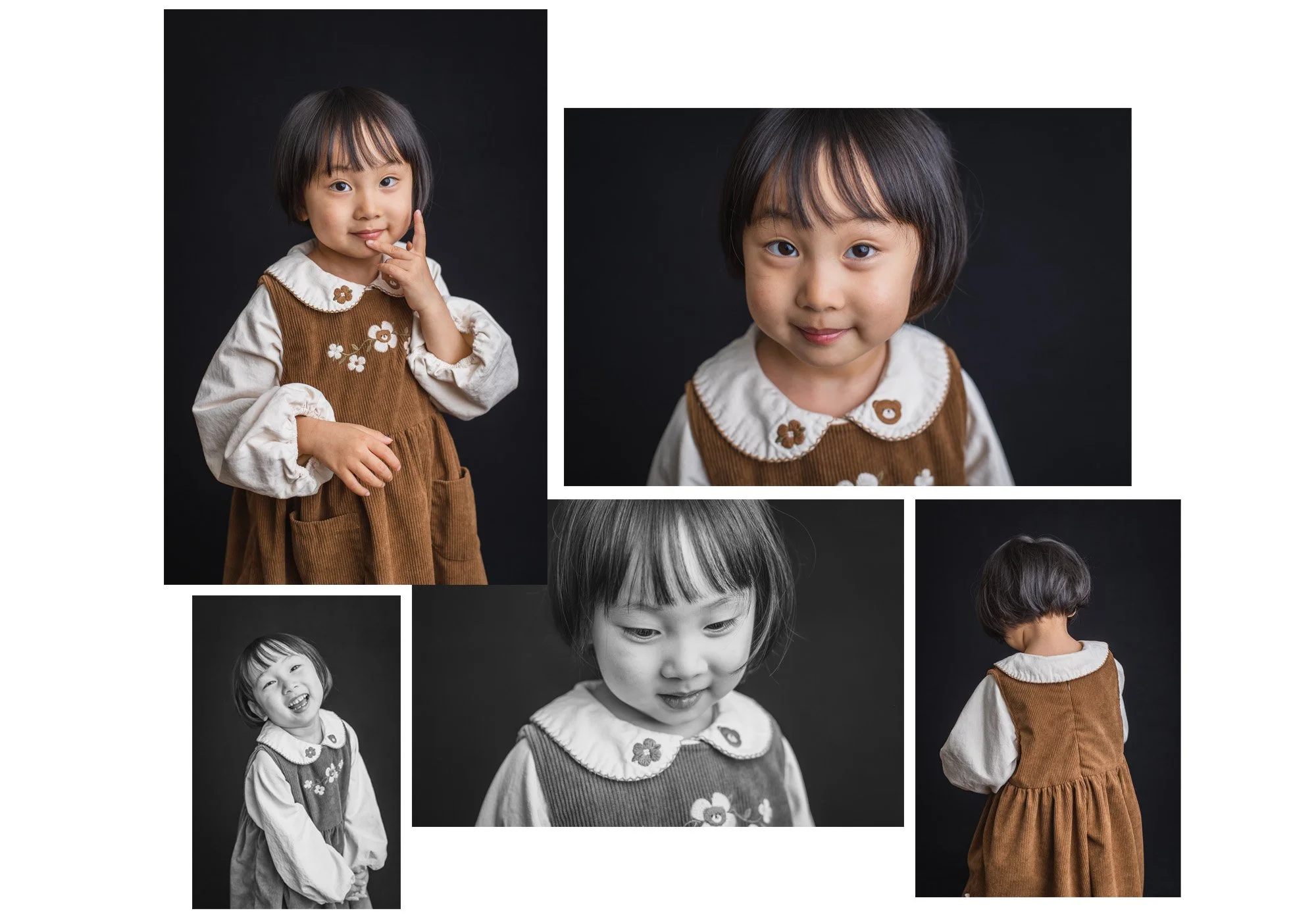 Collage of school portraits on a black background of a preschool girl in a brown corduroy jumper dress. Portraits show a variety of expressions and emotions.