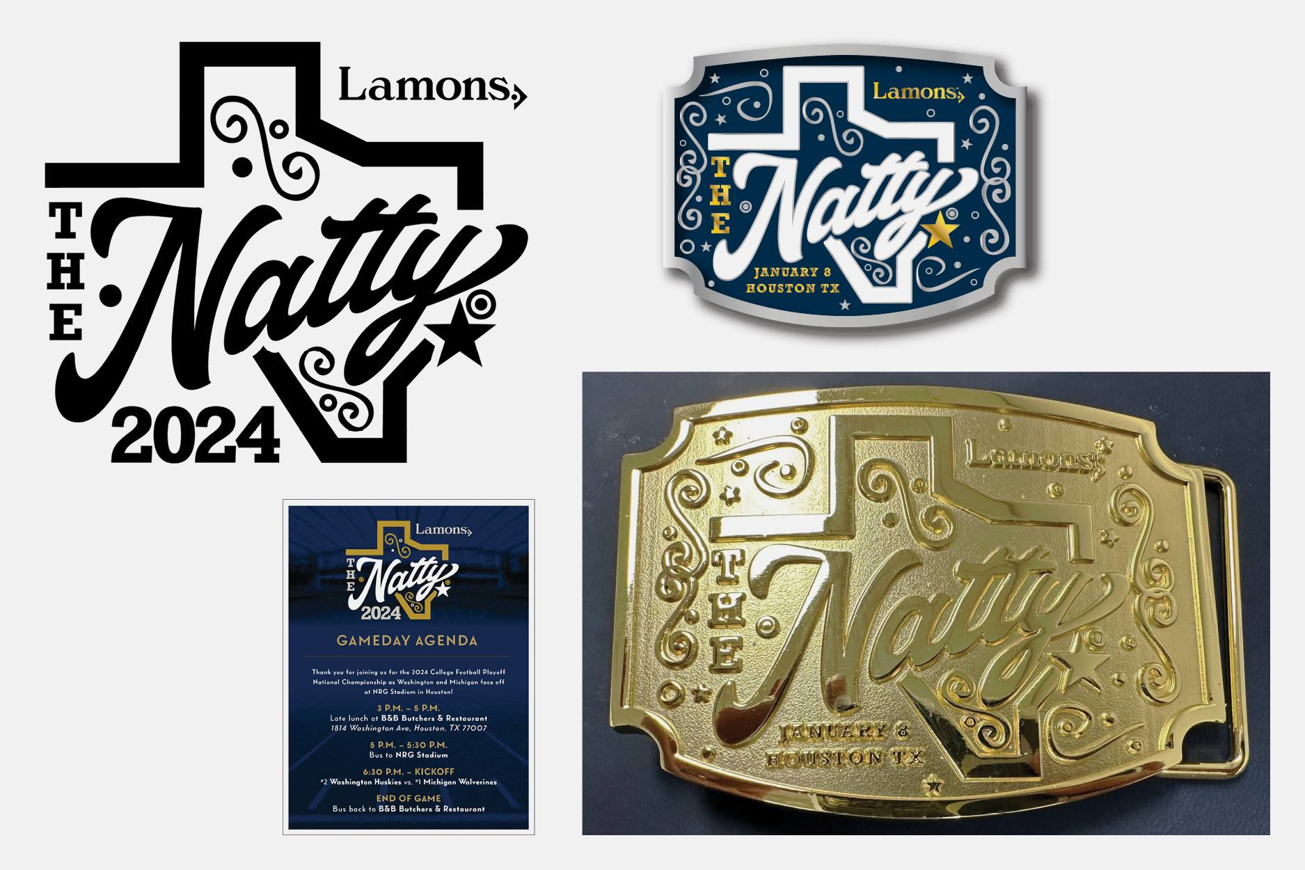 Lamons: Hosting clients at sporting events is a way to strengthen our relationships. This logo was turned into a belt buckle for the NCAA National Championship game in Houston.
