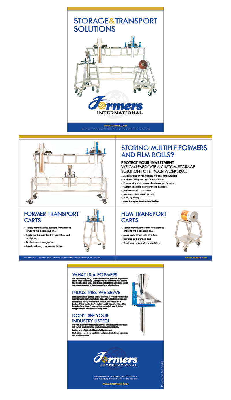 Bi-fold brochure promoting the storage and transport options Formers International offers.
