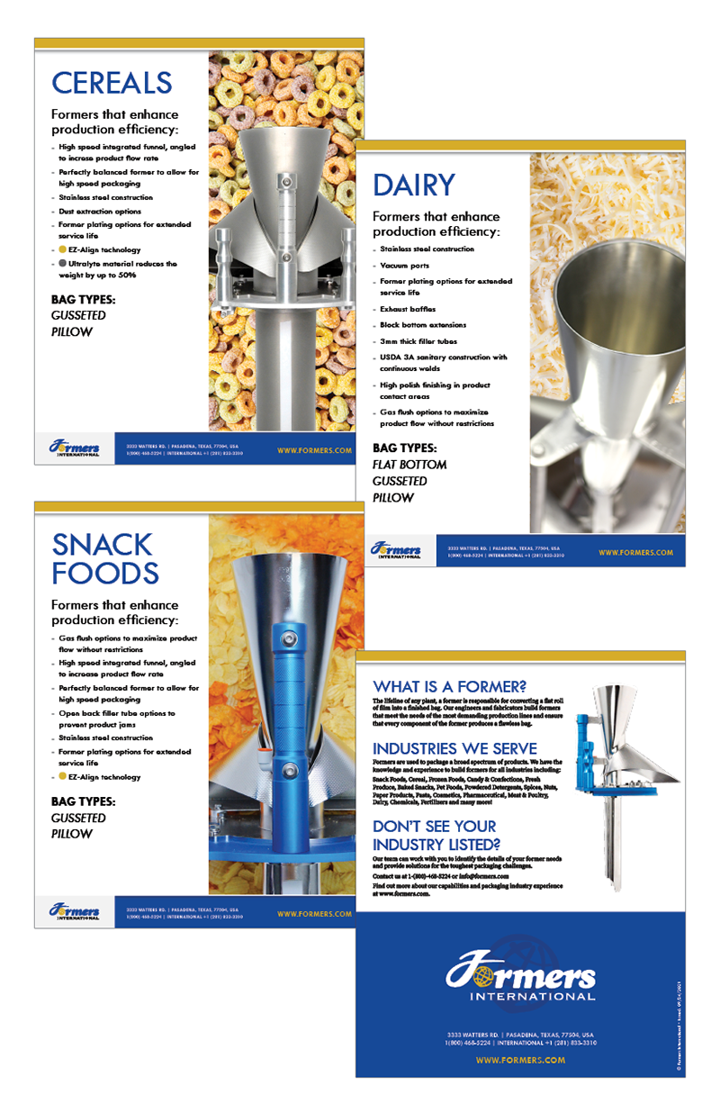 Double-sided one pager sales sheets highlighting the different industries Formers International manufactures bag formers for.