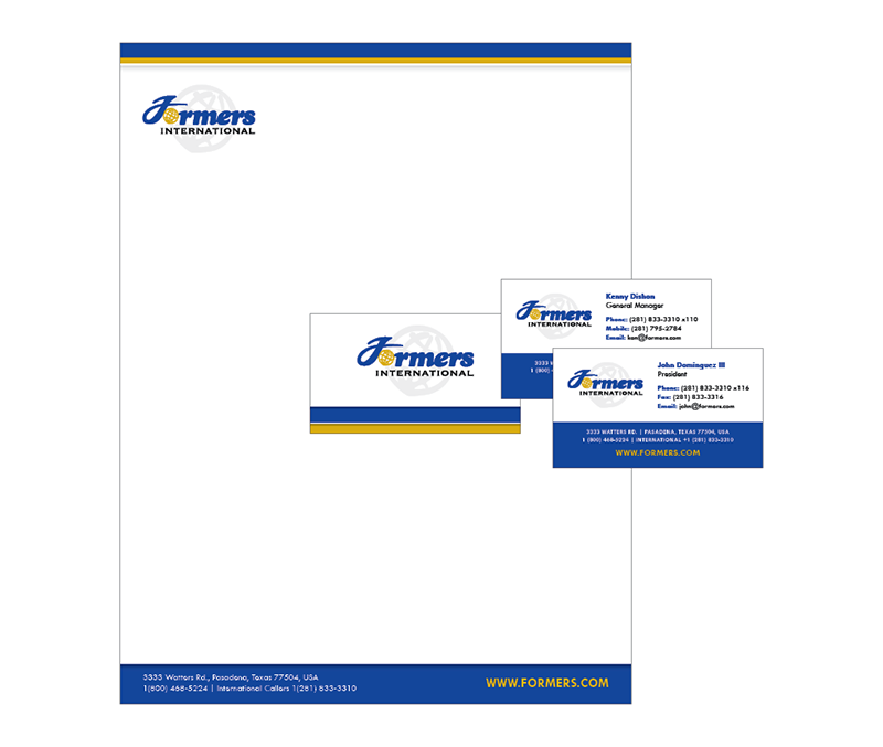 Formers International letterhead and business card system. The goal was to unify the different cards being used throughout the company. Establishing a corporate look was key in the design. 
