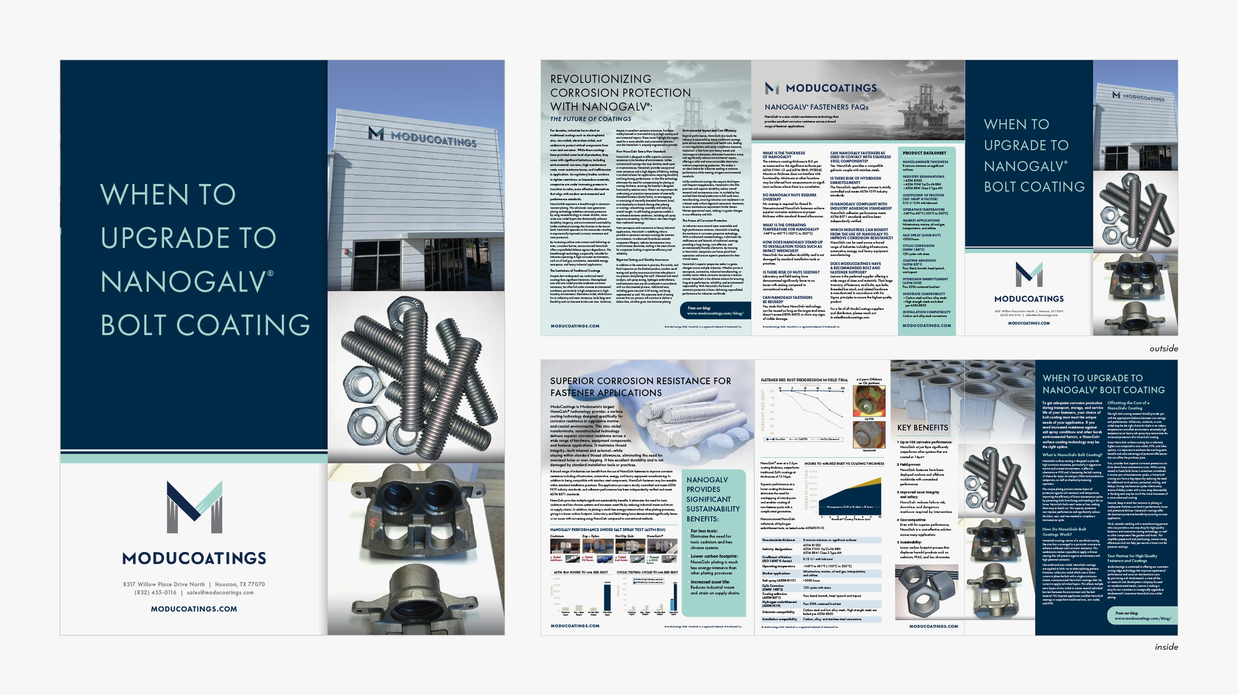 Moducoatings trifold brochure. A newly acquired company needed a rebrand. With the rebrand we also updated the existing collateral. This trifold was used to explain what Moducoatings offers and why it is needed on fasteners and other components.