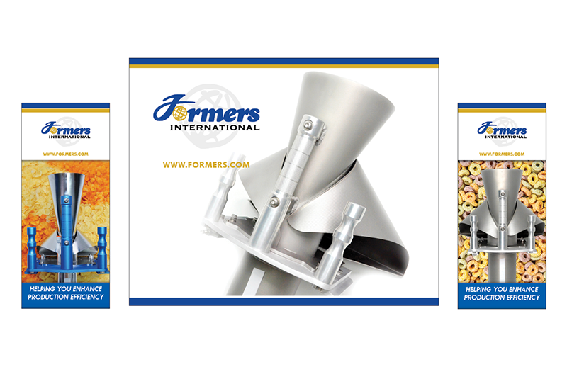 Standing out from the crowd is key at a busy trade show. Large eye catching graphics help bring potential customers to your space. 
Proposed tradeshow booth option setups for Formers International. Shown is a 10 foot back wall with 2 banner-up displa