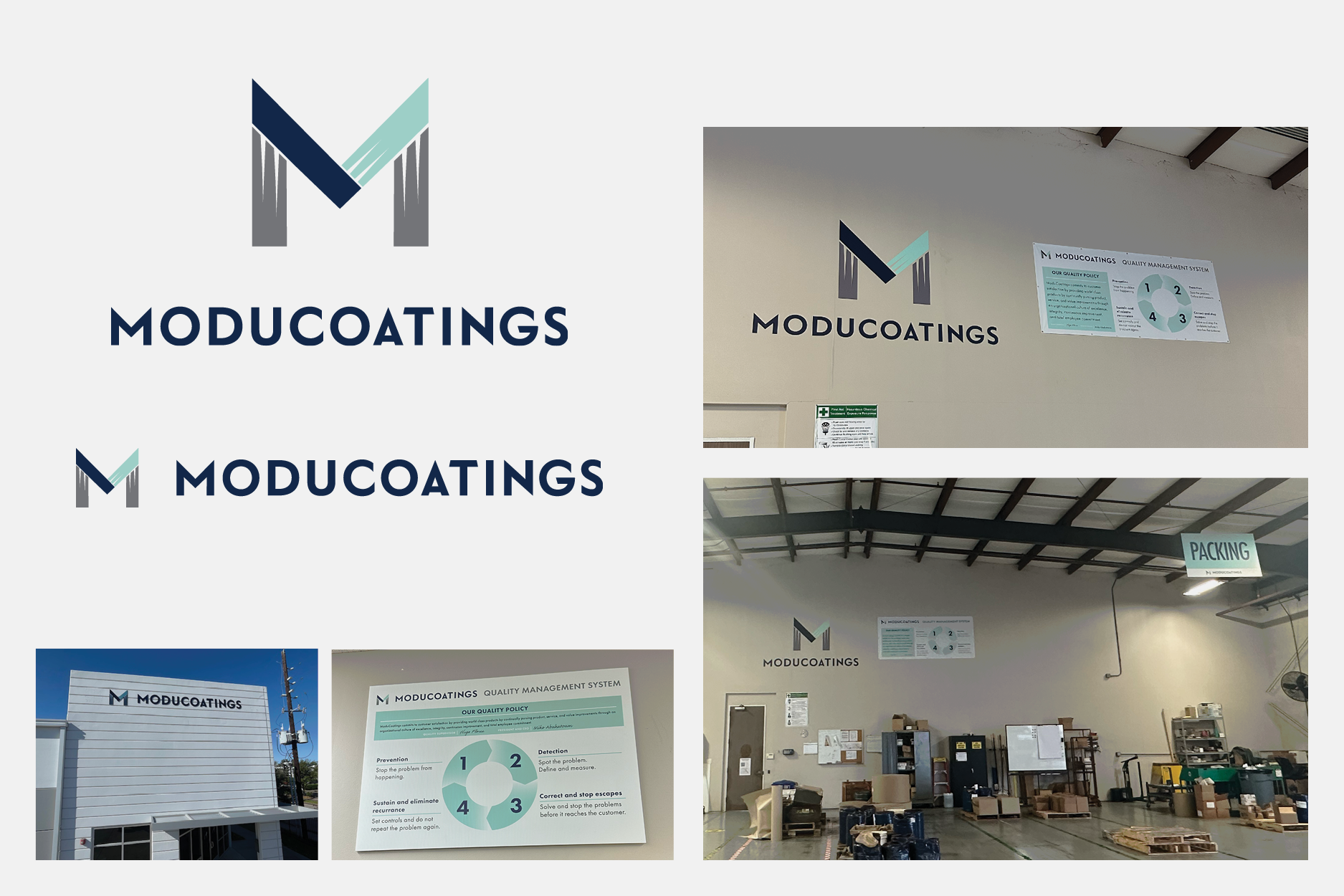 ModuCoatings: Rebranding the existing ModuCoatings building included the exterior logo, as well as interior and directional signage. 