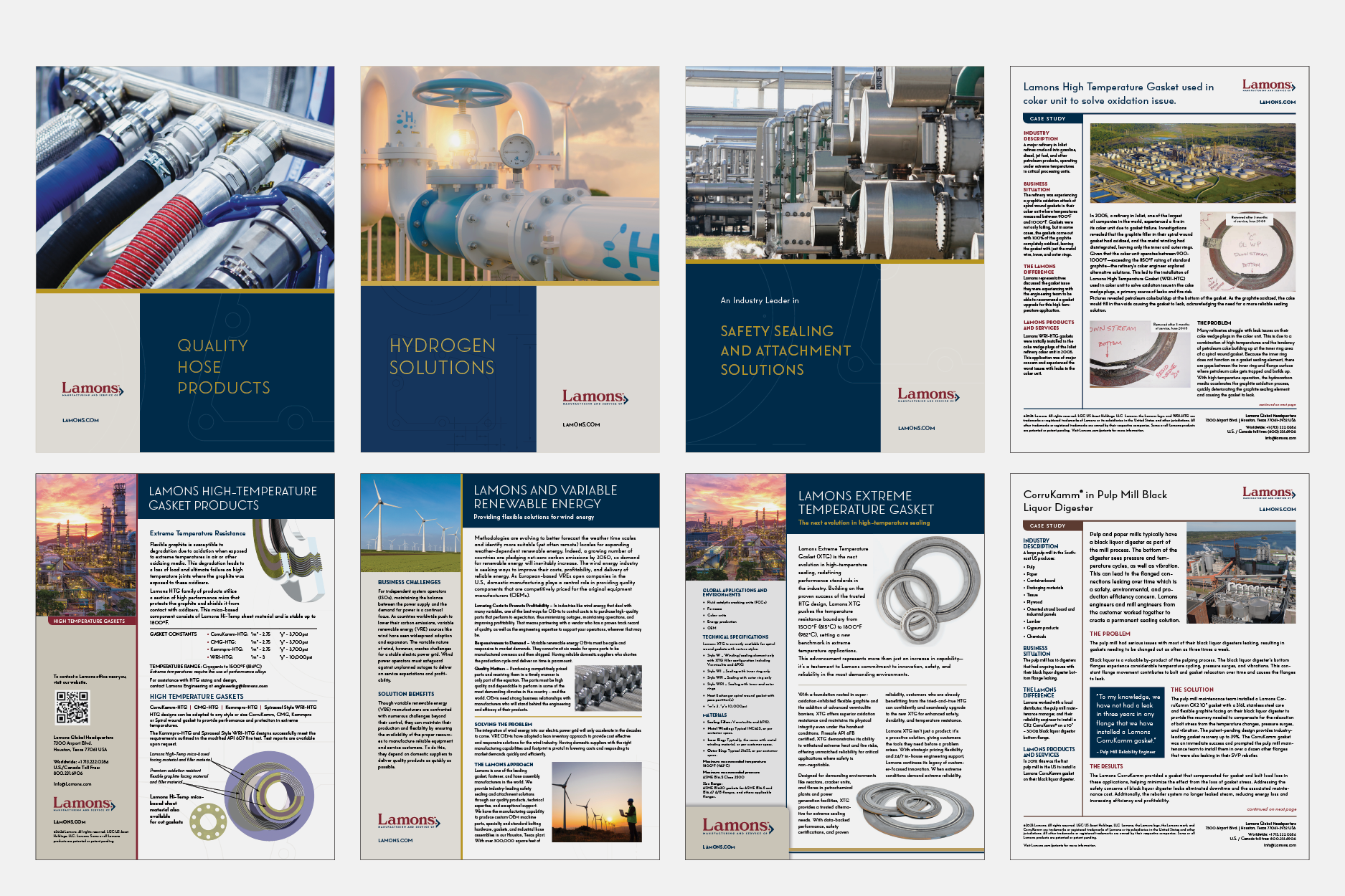Lamons: Joining Lamons, I redesigned their existing collateral catalog to go along with their rebrand a year prior to my arrival. Modernizing their look has helped give Lamons a branded look across all their customer touchpoints. Shown are brochures 