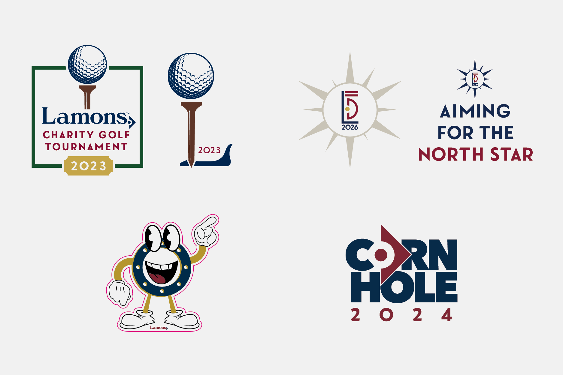 Lamons event branding: Every good event needs a logo! These are a few for a golf tournament, a company-wide initiative, a mascot to help the HR team recruit for a walk challenge, and an annual Corn Hole tournament.